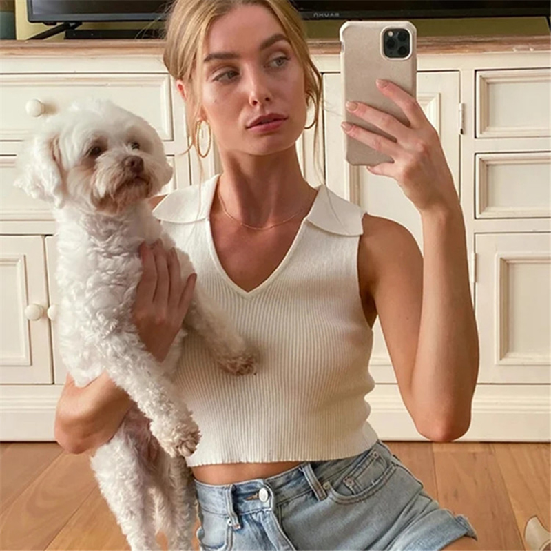 Summer Polo Neck Tank Top Women Ins Hot Fashion Knit Skinny Crop Top Chic Street Girls Sleeveless T Shirt Women Vest Tops 210308