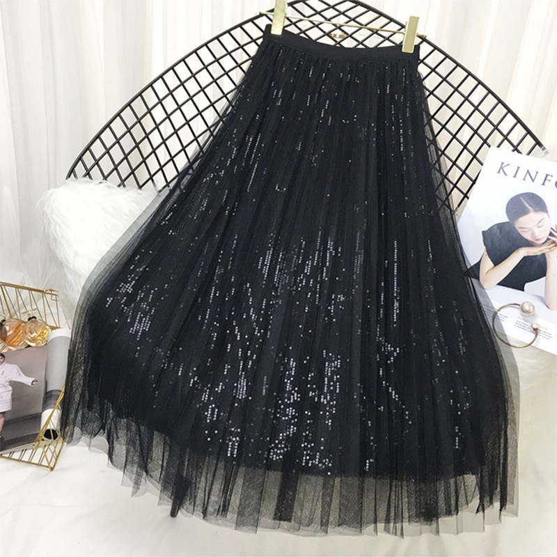 Spring Summer Skirts Women Korea Long Tulle Skirt Sequined Pleated A Line Midi Skirt Chic High Waist Skirt Female 210306