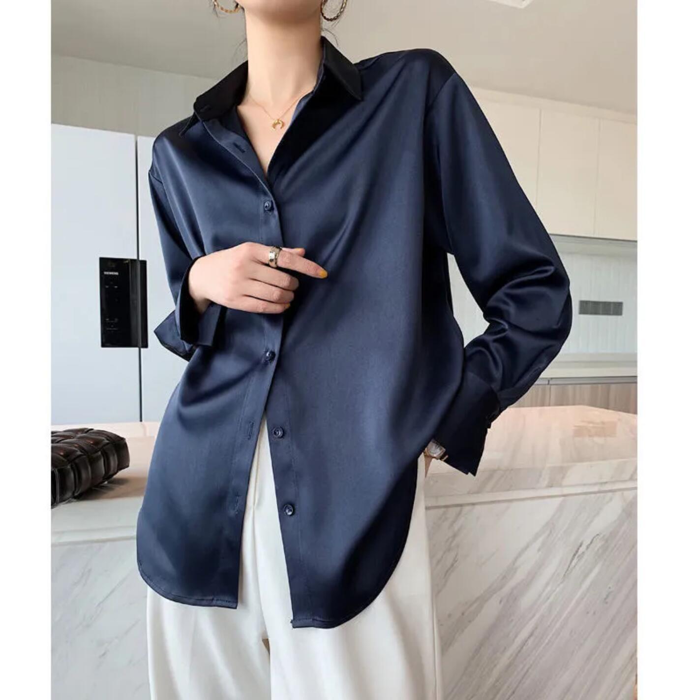 Fashion Stylish Button Up Satin Silk Shirt Vintage Blouse Women White Lady Long Sleeves Female Loose Street Shirts 210225