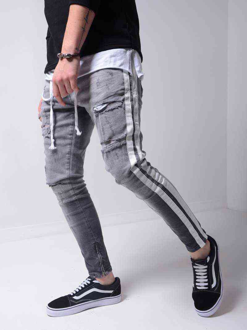 Skinny ripped jeans men Pants Pencil Biker Side Striped Jeans Destroyed Hole Hip Hop Slim Fit Man Stretchy Jean Print 211120
