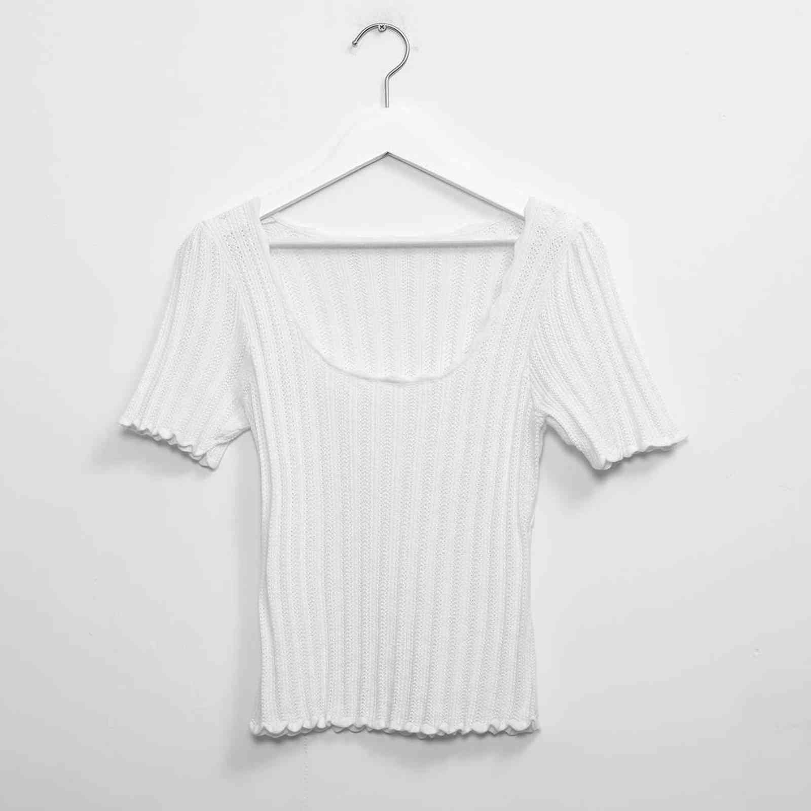 Fancy Knitted Sweater Women Elegant Summer Thin Short Sleeve Square Backless Chic Shirts Vintage Streetwear Sweaters Pull 211109