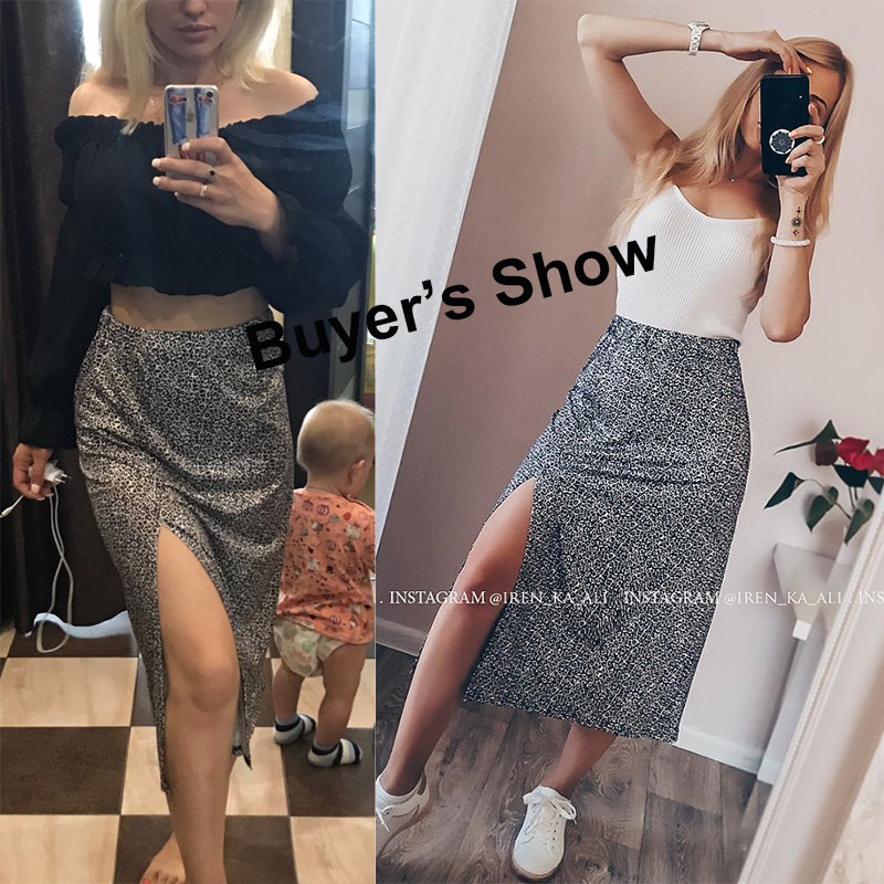 Fashion Split ALine Skirt Women Leopard Print High Waist Skirts Female Summer Streetwear Sexy Midi Skirt Ladies Bottoms 210306