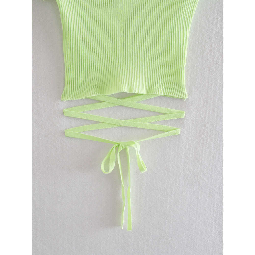 Crop Shirt Women Bandage Waist Short Sleeves Chic Lady High Fashion Casual Knit Crop Top Woman Summer Tops 210709