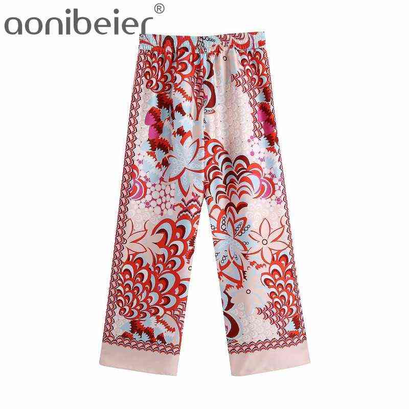 Aonibeier Summer Ornate Print Women Long Trousers Lightweight Casual Elastic High Waist Pants Female Bottoms Wide Leg 211115