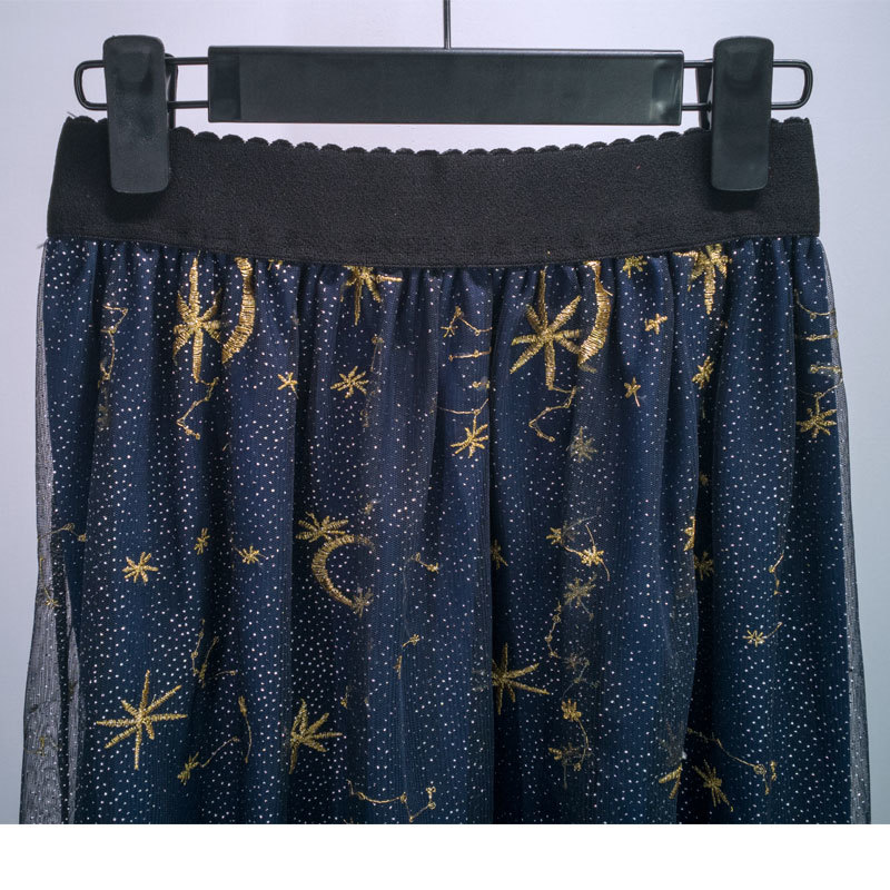 Flectit Gold Moon Star Embroidered Tulle Skirt Vintage Semi Sheer Fabric High Waist Pleated Midi Skirt For Women Ladies 210309