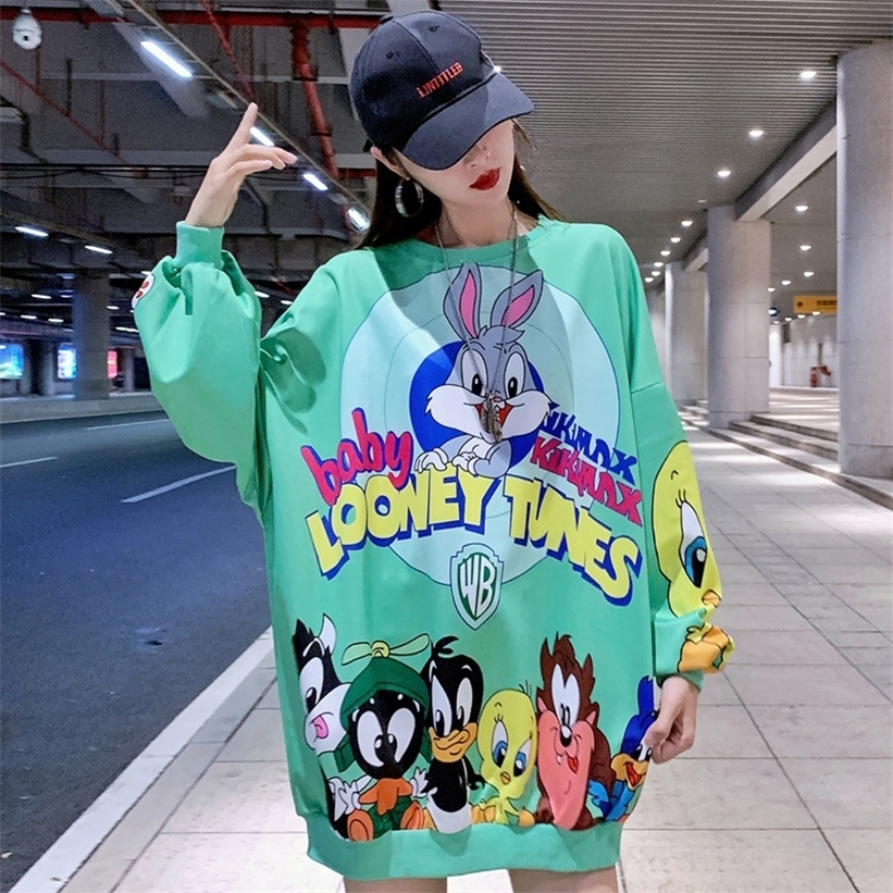 Girls Student Lovely Cartoon Printed Sweatshirts Harajuku Plus Size Loose Hoodies Women Plus Size Loose Long Style Pullovers 201211