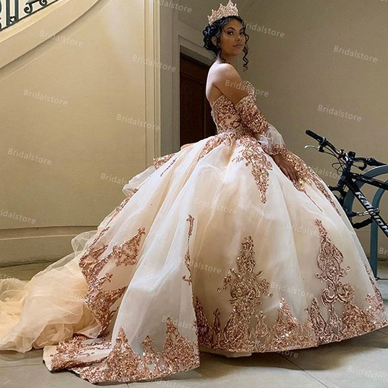 Sparkly Rose Gold Blue Quinceanera Dresses Vestido De 15 Anos Appliques Beads Sequin Sweet 16 Dress Masquerade Prom Birthday Party Gown
