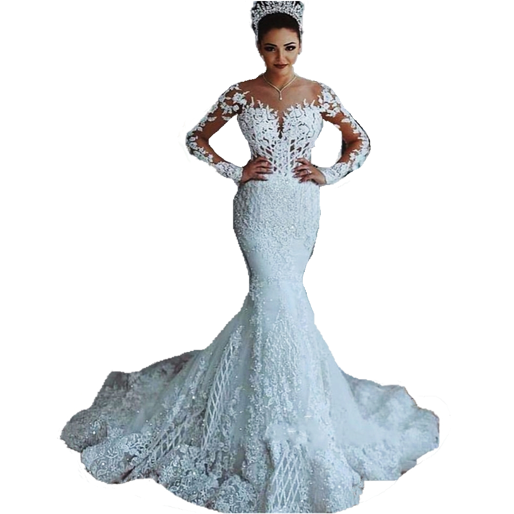 Vintage Arabic Dubai Mermaid Wedding Dresses White bridal Gowns Tulle Lace Appliques beads Illusion Long Sleeves Chapel Graden bride Dress 2022 Spring