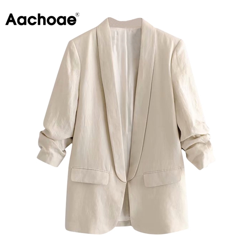 Aachoae Women Office Wear Blazer Coat Notched Collar Casual Pockets Suit Blazers Solid Pleated Sleeve Chic Outwear Tops 210930