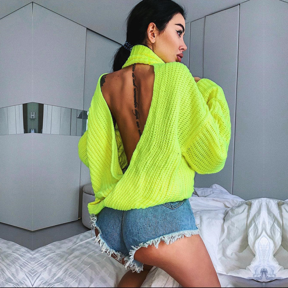 Foridol turtleneck sexy backless knitted sweater women autumn winter neon yellow oversized streetwear pullover casual jumper 210218