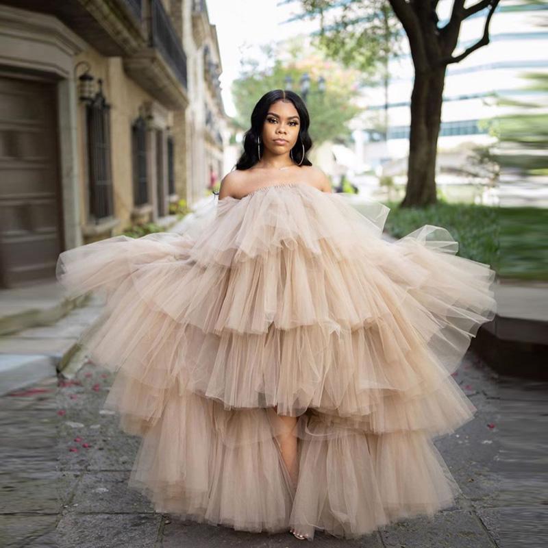 2021 Sexy Ruffles Champagne Tulle Kimono Women Evening Dresses Robe for Photoshoot Puffy Strapless High Low Prom Gowns African Maternity Dress Photogr