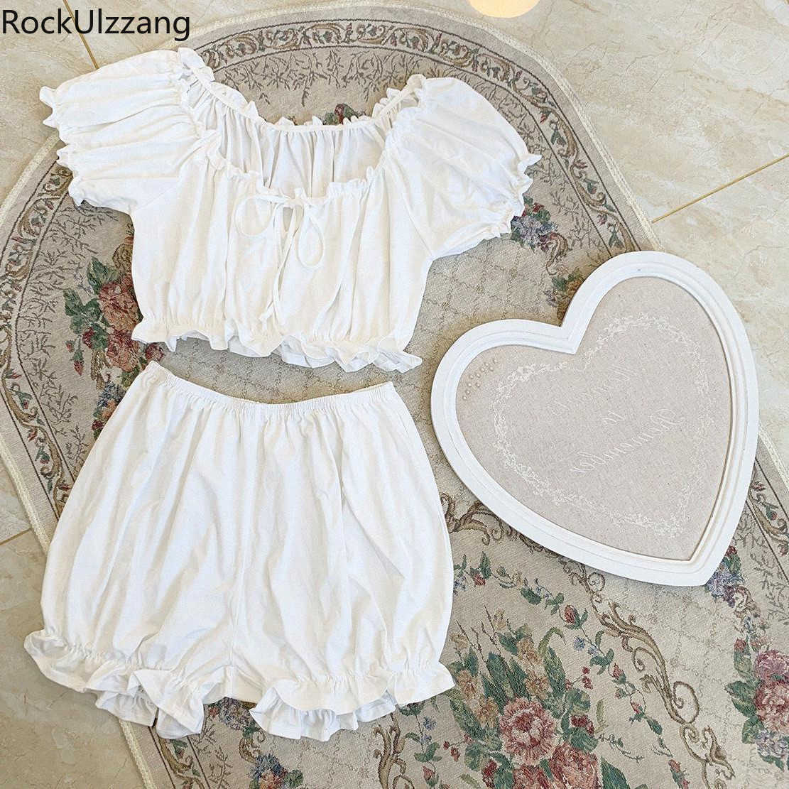 White Purple Red Solid Sexy Drawstring Ruffles Neck Summer Crop Top Lolita Cute Short Lounge Set Two Piece Pajama Cotton Sleep 210622