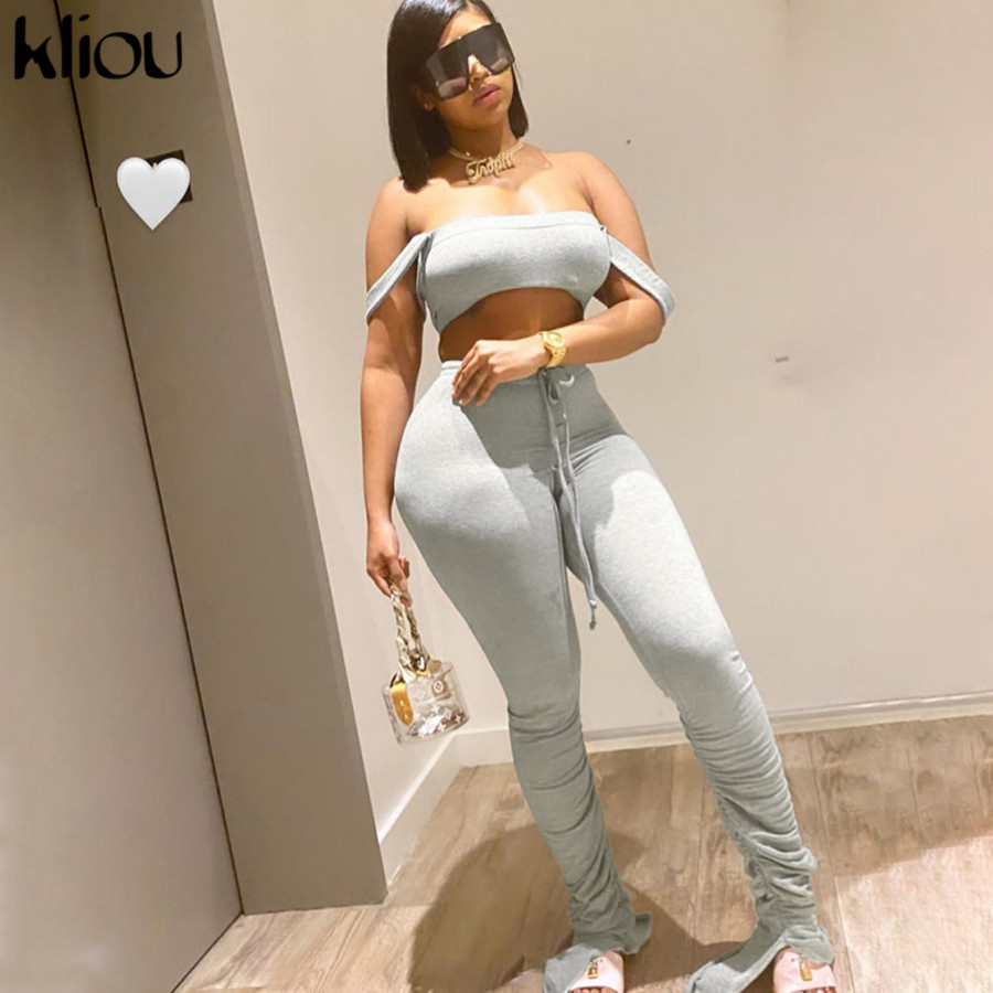 Kliou tracksuit women fitness slash nec camisole crop topstacked pants elastic hight summer activewear casual outfit 210302