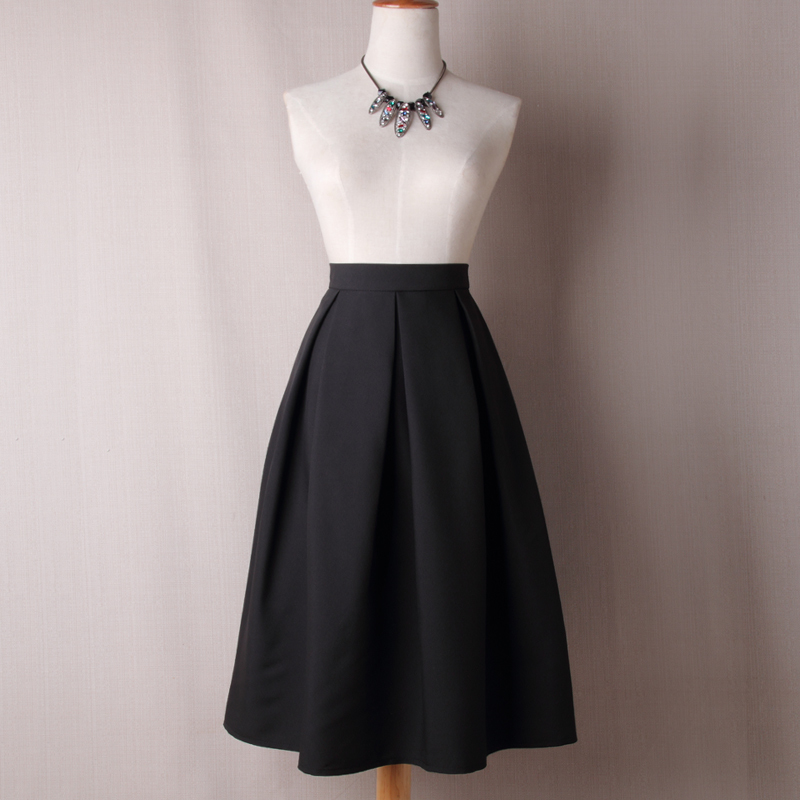 Neophil Winter Ladies Black Pleated Ball Gown Skater Midi Skirts Womens Solid Plus Size XXXL Office Wear Tutu Saias S8322 210306