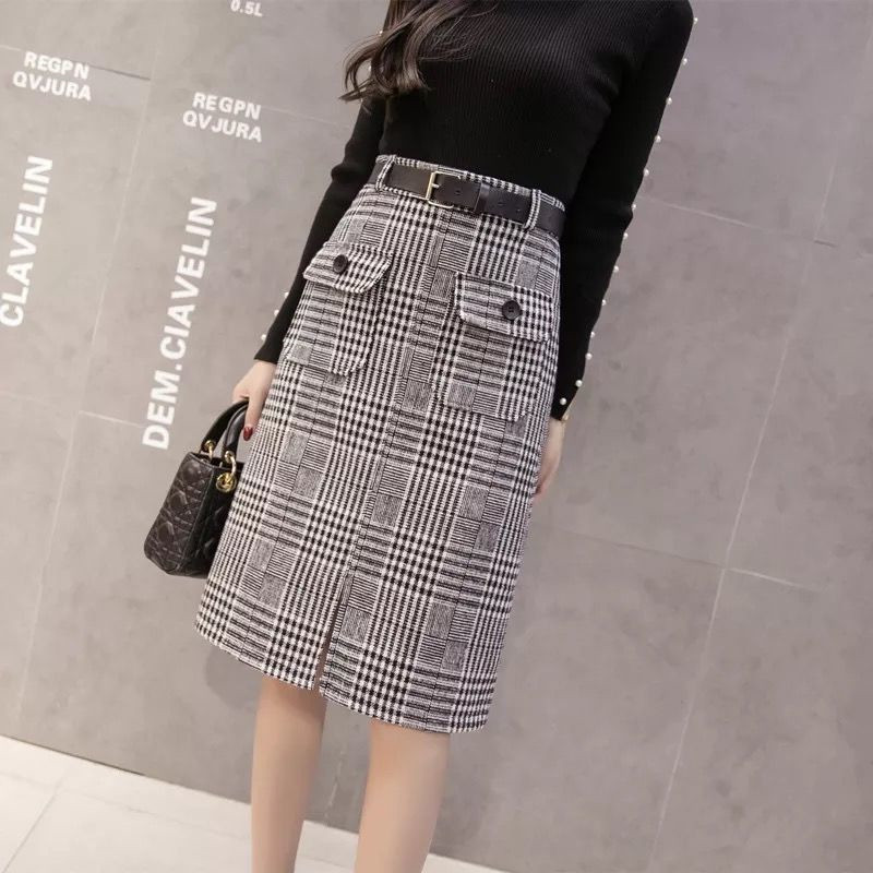 Women with belt sashes retro classic Tweed Plaid Skirt ladies sidesplit Hipswrapped Wool skirt Bodycon slim work office Skirt 210306