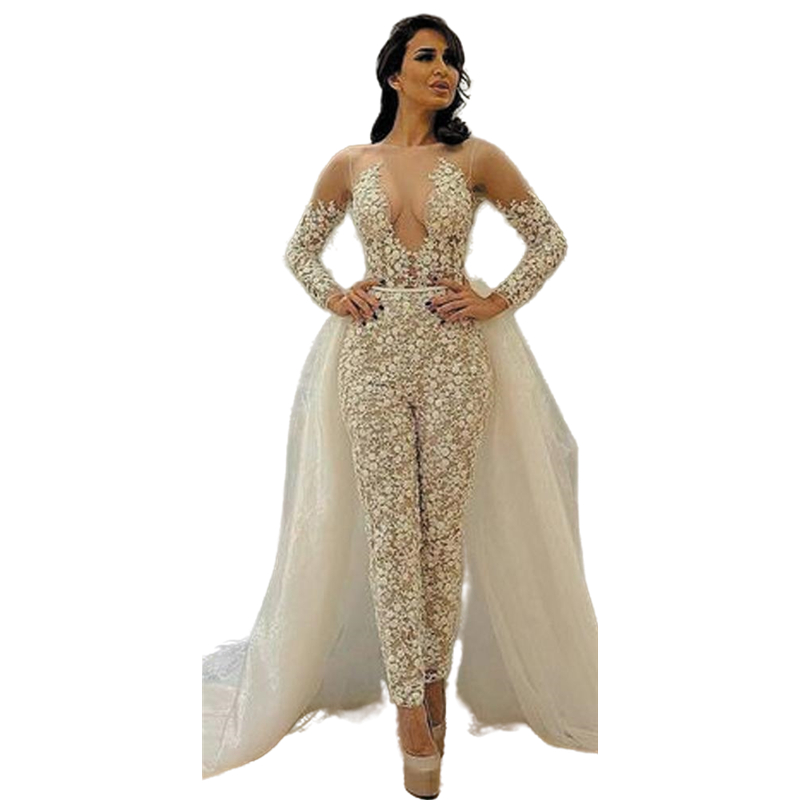 Sexy Illusion Bohemian Lace Wedding Dresses Women Jumspuit Bridal Gowns With Detachable Overskirt Long Sleeves Boho Beach Bride Dress Trains 2022 robe