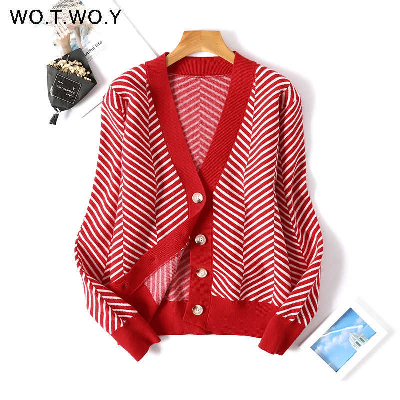 WOTWOY Single Breasted Stripe Cropped Cardigan Women Botton Up Cotton Sweaters Autumn Winter Casual Knitwear Female V-Neck 210914
