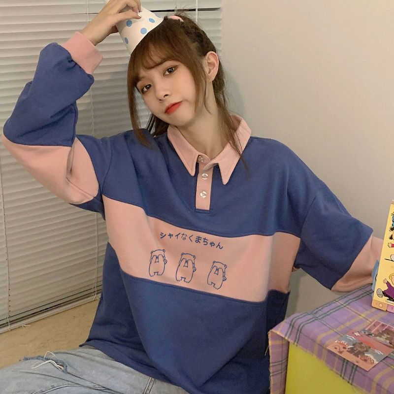 Vintage POLO Collar Letters Print Oversized Sweatshirt Women Girls Harajuku Autumn Korean Kawaii Clothes Pullovers 210910