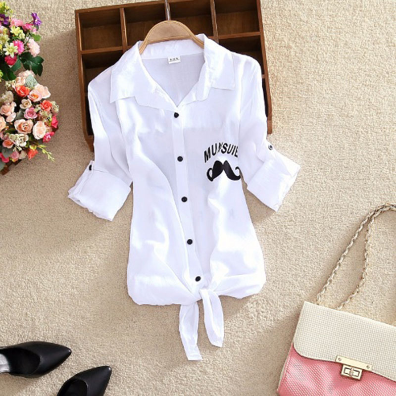 Women Shirts White Blouses Kimono Summer Top Women Letter Printed Shirts Sleeve Turn Down Collar Casual Print Cardigan 210225