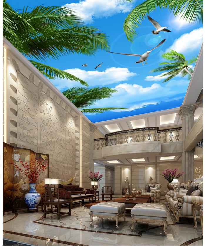 custom 3d ceiling murals wallpaper Blue sky sea trees seabirds ceiling mural