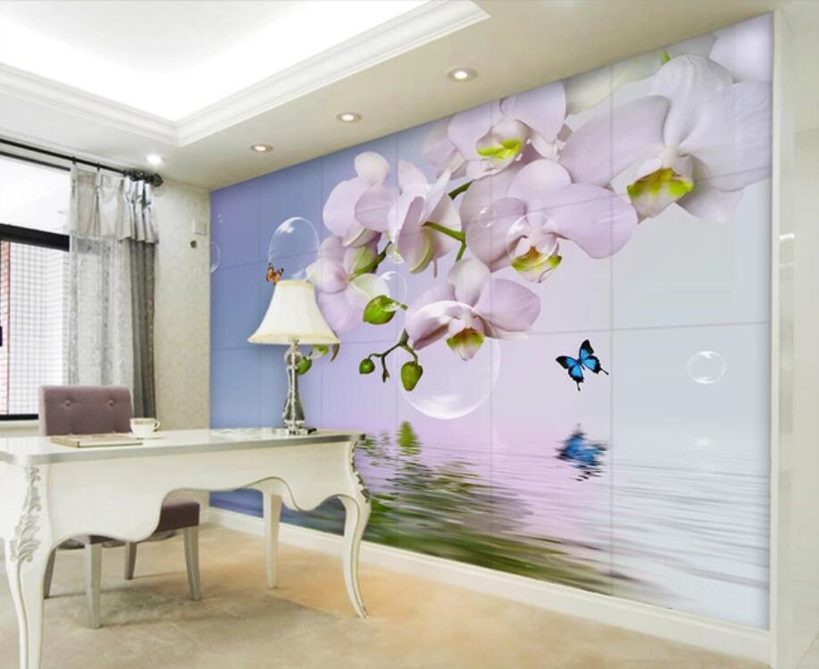 Custom large wallpaper 3d mural dreamy butterfly orchid bubble orchid reflection TV background wall papers home decor