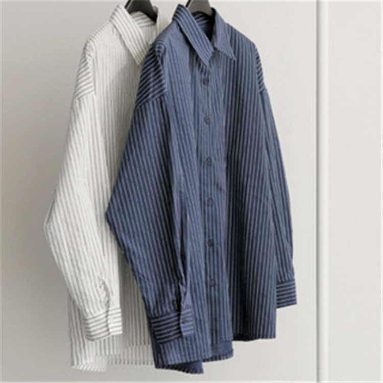 Vertical Stripe BF Plus Size Autumn Full Shirts Medium and Long All Match Loose Blouse Women 210615