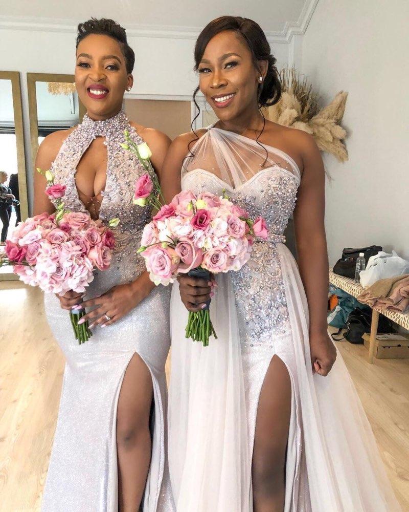 2021 New Sexy African Bridesmaid Dresses Mixed Style Sequined Crystal Beaded Split Country Beach Nigeria Bellanaija Maid Of Honors Prom Gown