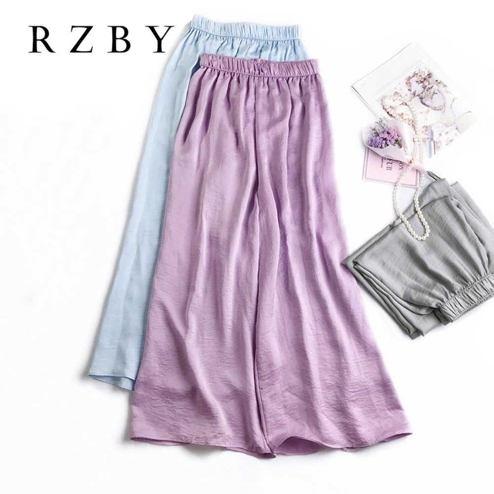 Wide leg pants Silk Women Summer Trousers Leg Loose Pants Ankle Length Casual trouser Elastic Waist RZBY110 211006
