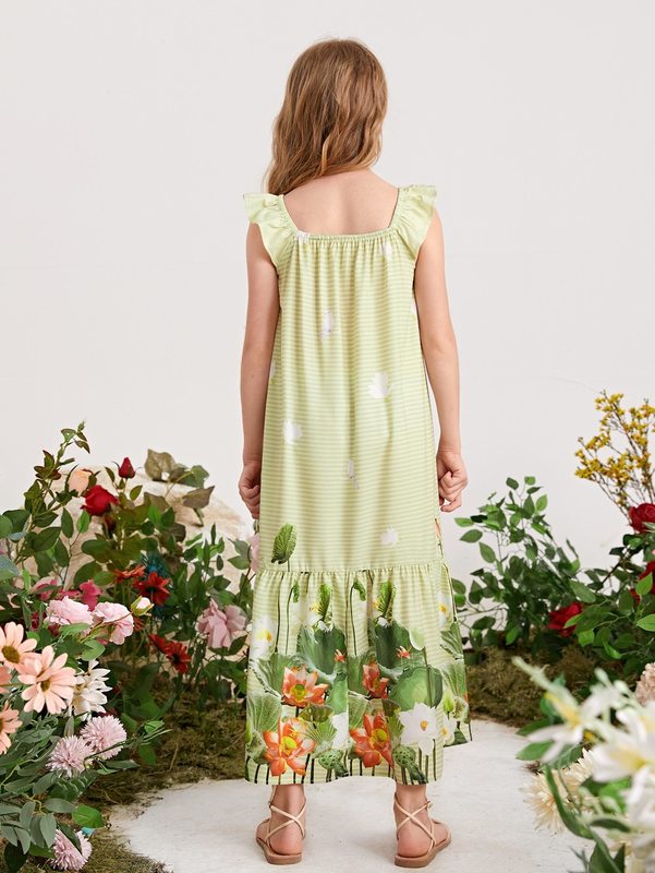 Girls Floral Armhole Ruffle Hem Floral & Striped Smock Dress SHE