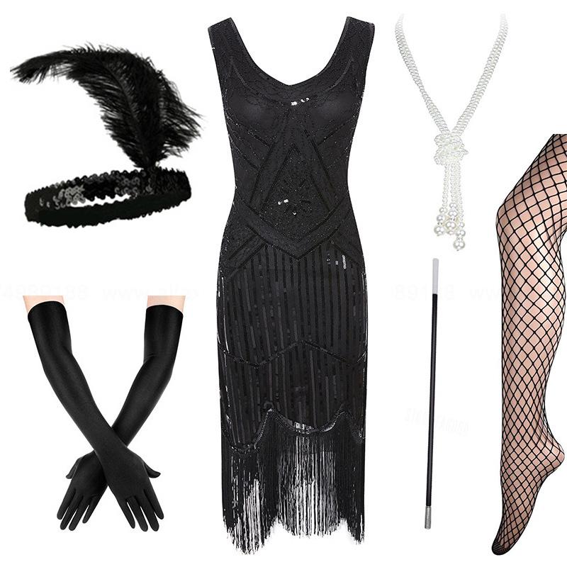 Casual Dresses Plus Size 4XL Women's Flapper 1920s Sequin Beaded Fringed Great Gatsby Dress W/Accessories Set XS-XXXXL