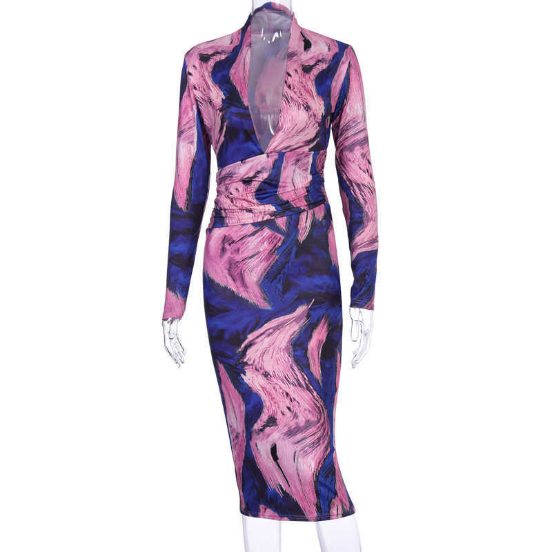 Colysmo Colorful Print Autumn Party Dress Deep V Neck Long Sleeve Sexy Women Sashes Bodycon es Nightclub Slim Clothes 210527