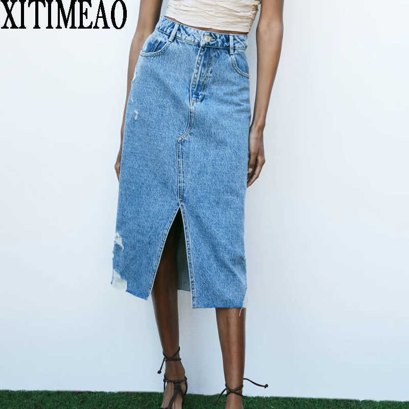 Za Vintage Elegant Midi Denim Skirt Women Fashion Hight Waist Slit Hole Female Skirts Chic Buttocks 210604, Blue
Za Vintage Elegant Midi Denim Skirt Women Fashion Hight Waist Slit Hole Female Skirts Chic Buttocks 210604, Blue