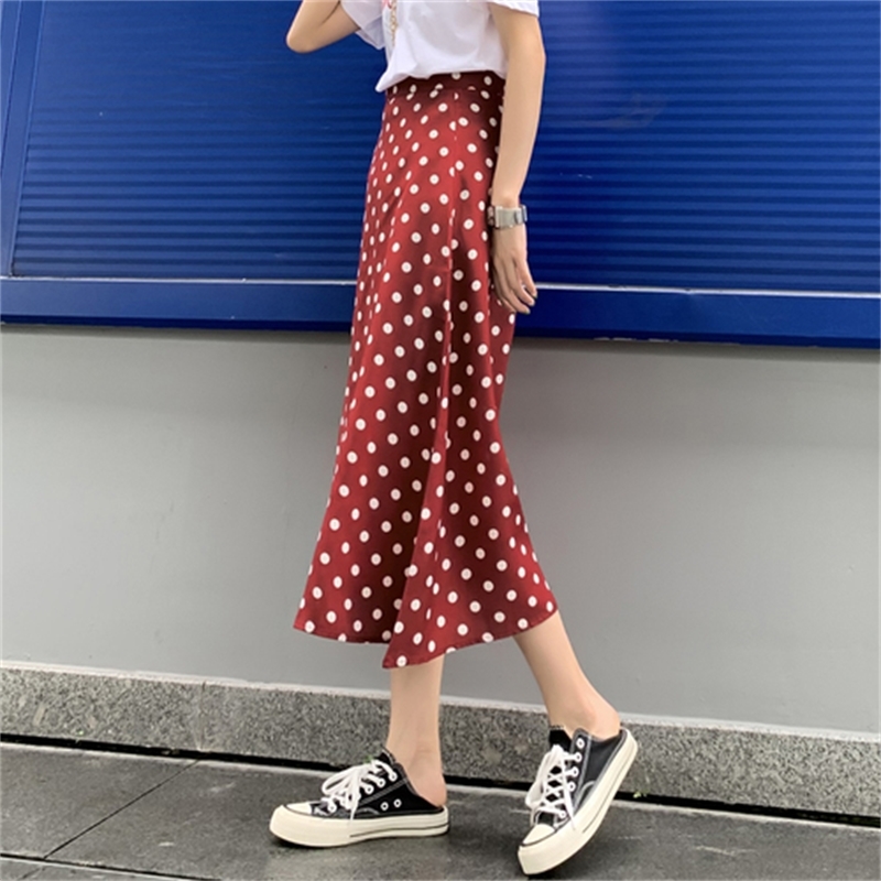 Women Summer Skirt Korean Streetwear Vintage Polka Dot Slim High Waist A Line Chiffon Long Skirt S3XL Black White Red B157 T200324