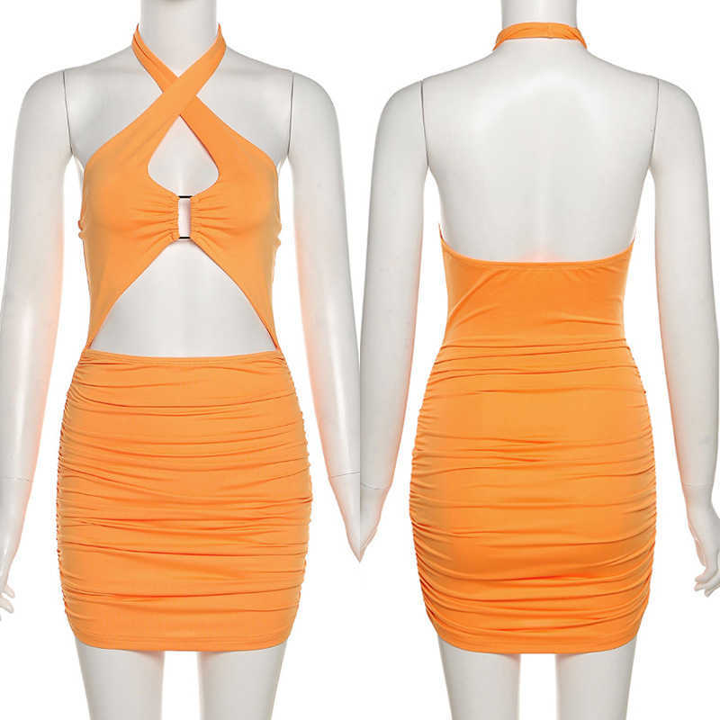 Halter Ruched Bodycon Dress Cut Out Backless Sexy Dresses Women Summer Mini Party Night Club Dress Orange Black White 210630