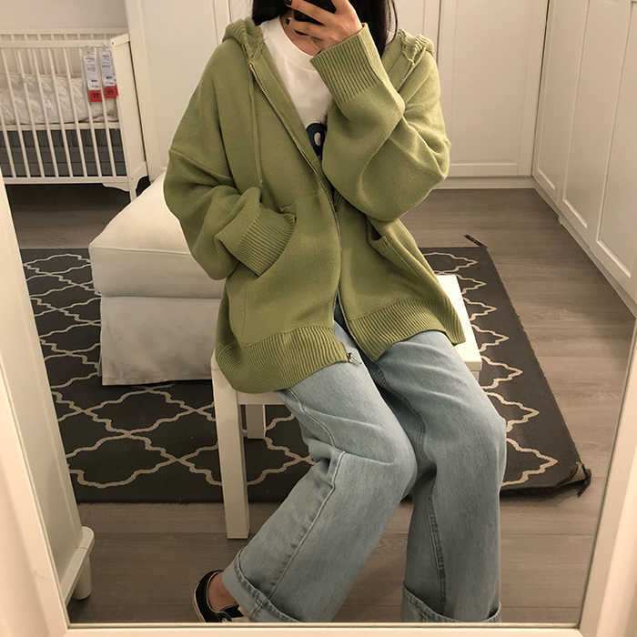 Nomikuma Thicken Solid Oversized Sweater Hooded Coat Korean Pockets Long Sleeve Jacket Autumn Winter Knitted Cardigan 6C400 210805