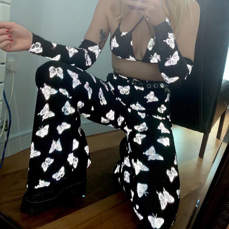 2021 Autumn Butterfly Reflective Boot Cut Long Pants Women Casual High Waisted Trousers Lady Flare Pants Streetwear Casual Pant