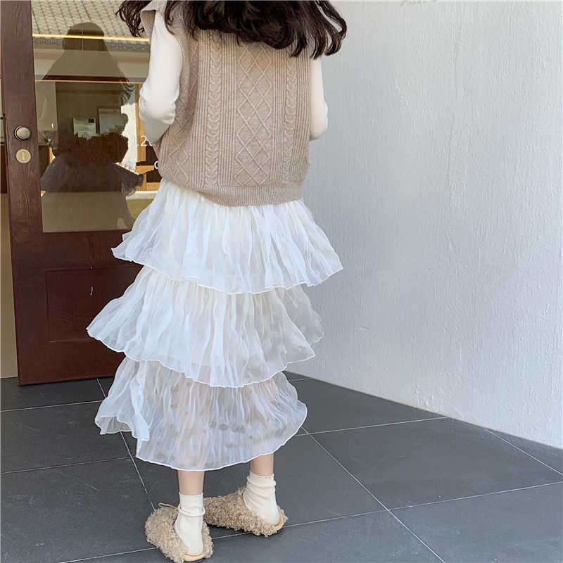 Alien Kitty Maxi Chiffon Skirt Women Fashion Korean Elastic High Waist Cake Long Skirts Female Lady Black White Bottoms 210621