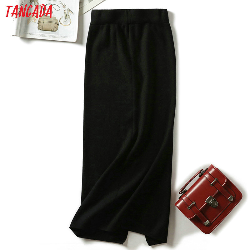 Tangada Women solid long skirts knit stretch high waist korean style ladies black pencil skirt faldas mujer moda AQX05 210309