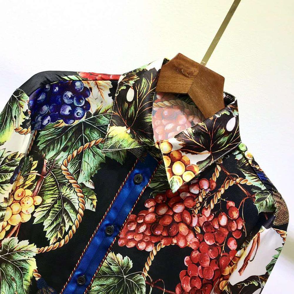 AELESEEN High Quality 100% TWILL SILK Shirts Spring Runway Fashion Grape Flower Print Office Ladies Party Elegant Blouse 210225