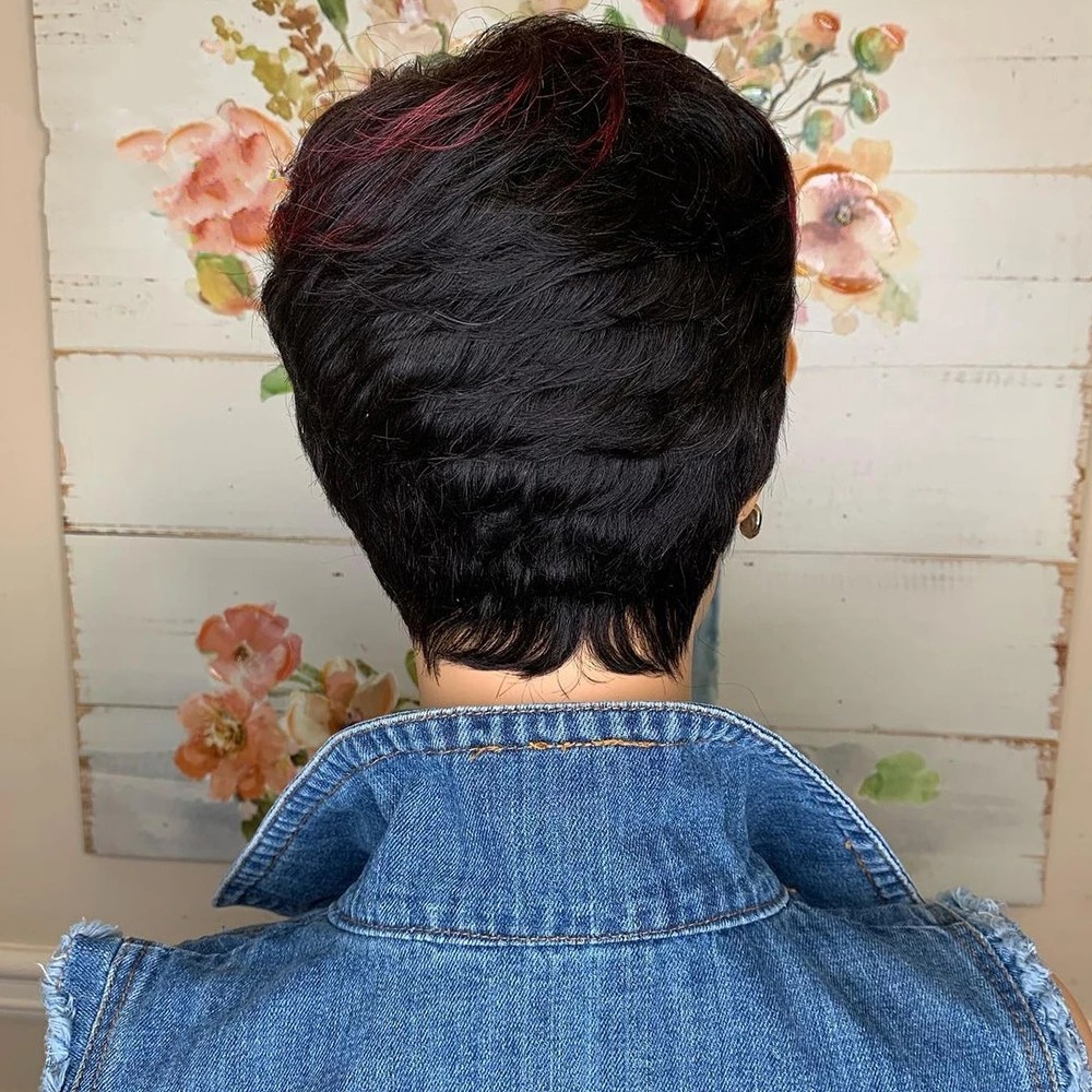 Red Burgundy 99J Ombre Color Short Wavy Bob Pixie Cut Wig Full Machine Made Non Lace Human Hair Wigs With Bangs For Black Women