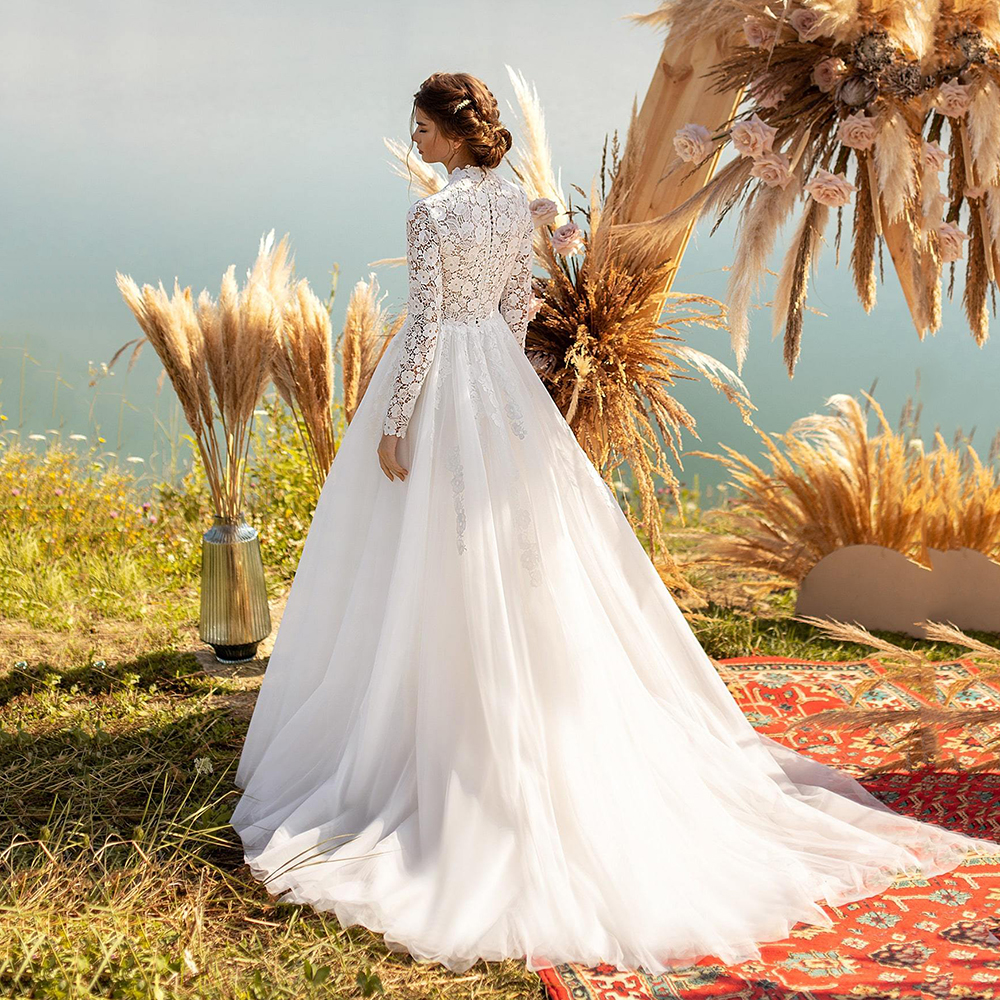 Wedding Modest Lace Dresses High Collar Long Sleeves Bridal Gowns A Line Sweep Train Tulle Muslim Plus Size Robe De Marie