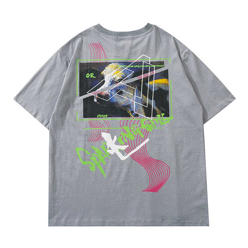 Print Hip Hop Tee Shirts Summer Round Neck Hipster T-shirt Black Grey 2colors 210603