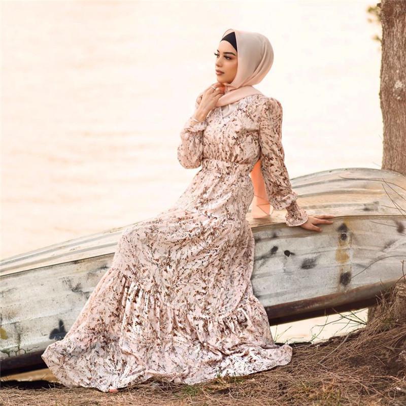 Casual Dresses Summer Women V-Neck Shestyle Stretchy Ruffle Long Sleeve Plush Waistband Elastic Elegant Boho Floral Print Maxi Beach Dress 2