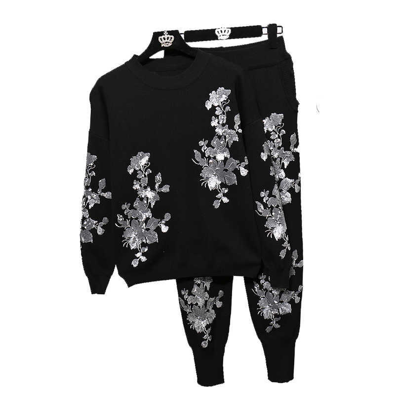 DEAT Women Knitting Embroidery Personality Long Pants Arrivals Two Piece Set Fashion Spring Autumn 11D424 210709