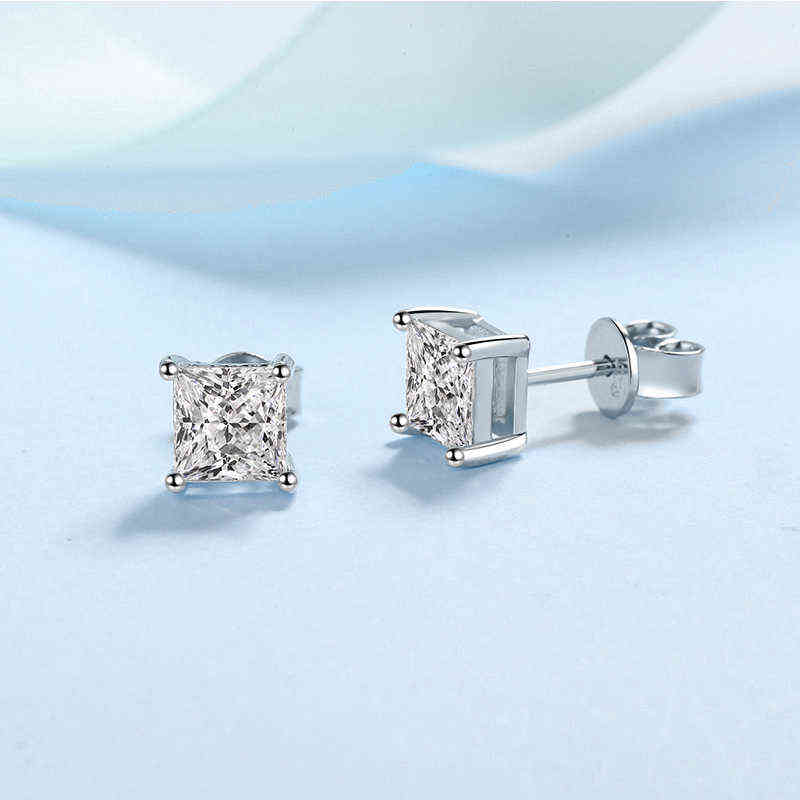 100% Stud Earrings Princess Cut Ear Studs Solid Silver VVS Diamond Earring For Women Men Wedding Jewelry 220114
