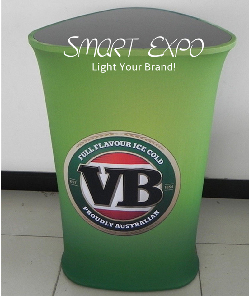 Promotional Portable Exhibition Counter Advertising Display with HDF Top-Bottom Boards Thick Aluminum Tube Tension Fabric Printed Graphic Carry Bag