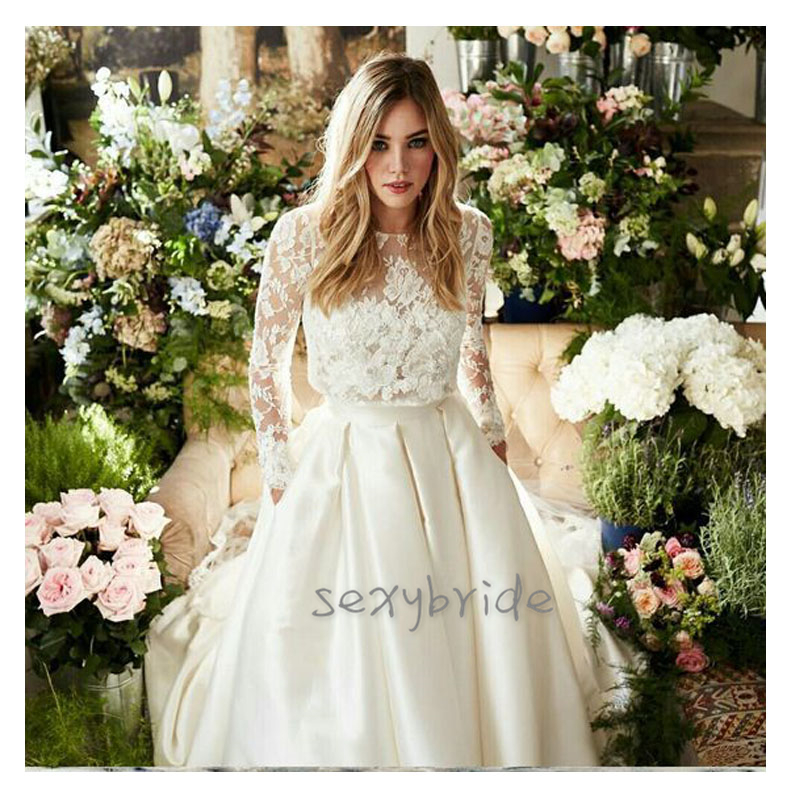 Two Pieces Country Wedding Dresses Long Sleeve Floral Lace Top With Satin Skirt A-Line High Low Bridal Gowns 2021 Garden Vestido De Noiva