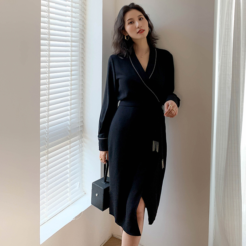 Shiny Vintage Black Chiffon Sashes Wrap Dress Ladies Long Sleeve Elegant Party Dresses Spring Autumn Women Clothes Vestidos 210303