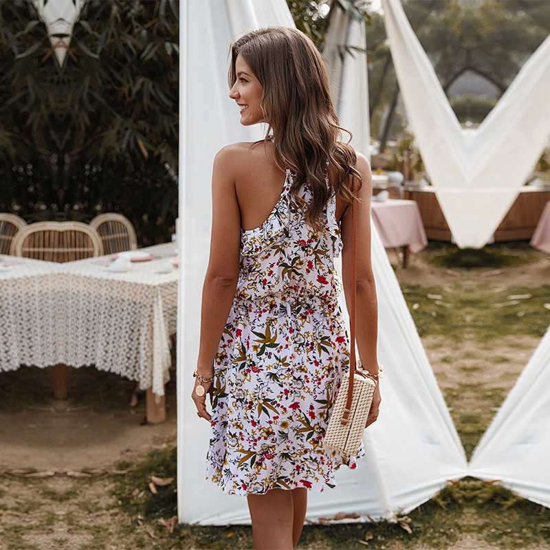 Summer Ladies Slim Halter Print Dress Women Casual Sleeveless Ruffles Above Knee Mini Floral Dress 210630