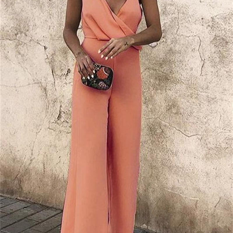 Summer Sexy Deep V Neck Party Jumpsuit Women High Waist Solid Overalls Elegant Sleeveless Long Wide Leg Pants Bodysuit XL T200509